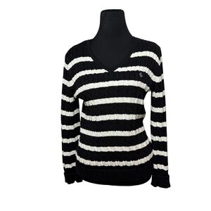 Lauren Ralph Lauren Cable Knit Sweater Womens L Black White Striped V Neck Logo